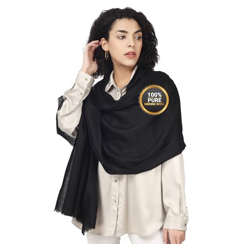 Ultra-Thin Merino Wool Scarf Soft & Warm, Featherlight Cozy Luxurious Shawl For Women, Perfect For Travel - color: Black