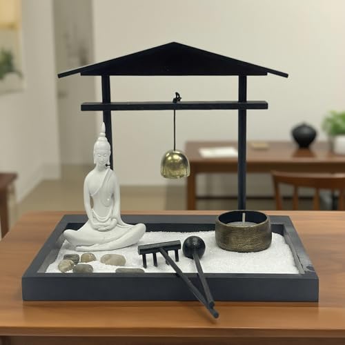 Nature's Mark Mini Zen Garden Desk Kit with Buddha Statue, Hanging Bell, Rake, Candle Holder - Japanese Meditation Sand Tray, Black Tray, Relaxation Decor Gift