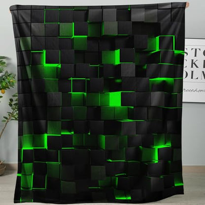 Lightweight Fleece Blanket,Super Soft Cozy Fluffy Plush Geometric Green Black Abstract Ombre Print Throw Blanket for Couch, Sofa, Bed 47"x59" - color: Geometric Green Black