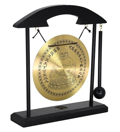 Owlgift Feng Shui Desktop Gong Set, Brass Gong with Solid Wood Frame & Mallet, Maitreya Buddha Engraved Zen Decor with Replica Chinese Coin Base, Meditation Sound Gong for Home Office, 11.1"W x 7.9"H - color: Maitreya Buddha