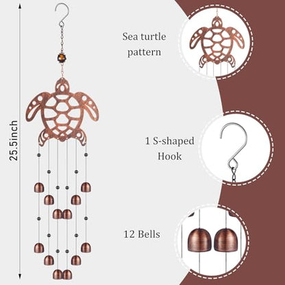Cinnvoice 24 Inch Metal Wind Chimes for Outside Decor with S Hook, Birthday Gift for Women Men Bronze Memorial Gift with 12 Bell for Patio Garden Yard Lawn Front Yard Housewarming(Sea Turtle) - style: Sea Turtle