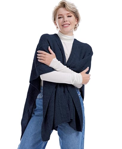MissShorthair Knit Shawl Wraps for Women Boho Crochet Shawls Cape Open Front Cardigan - color: Navy Blue