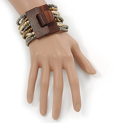 Avalaya Grey/Bronze/Antique White Glass Bead Multistrand Flex Bracelet With Wooden Closure - 19cm L