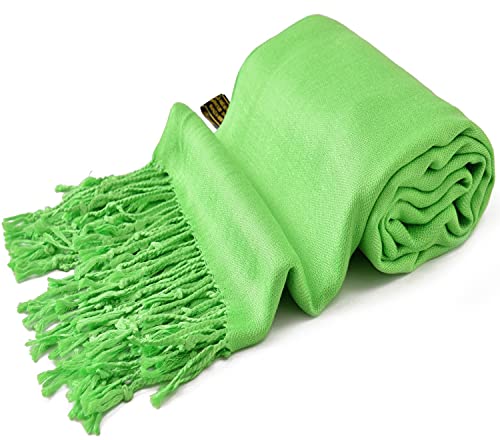 CJ Apparel Solid Color Tassels Design Nepalese Shawl Scarf Wrap Stole Throw Head Wrap Pashmina Gift Hand Made in Nepal New - color: Bright Green