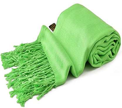 CJ Apparel Solid Color Tassels Design Nepalese Shawl Scarf Wrap Stole Throw Head Wrap Pashmina Gift Hand Made in Nepal New - color: Bright Green