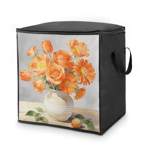 Orange Floral Storage Bag Portable Closet Organizer Storage Bags Quilt Storage Bags with Zippered Breathable Storage Bag with Carry Handles for Blanket Pillow Bedding