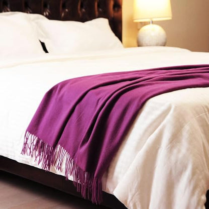 CUDDLE DREAMS Premium Cashmere Throw Blanket with Fringe, Luxuriously Soft (Plum) - color: Plum