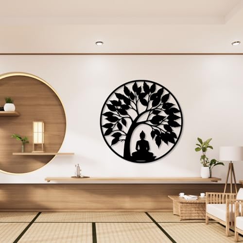 Tree of Life and Buddha Metal Wall Decor, Tree of Life Metal Wall Art, Zen Artwork Decor, Meditation Hindu Wall Art, Spiritual Gifts, Zen Artwork for Yoga Studio (Black, 19"x19") - color: Black, size: 19"x19"