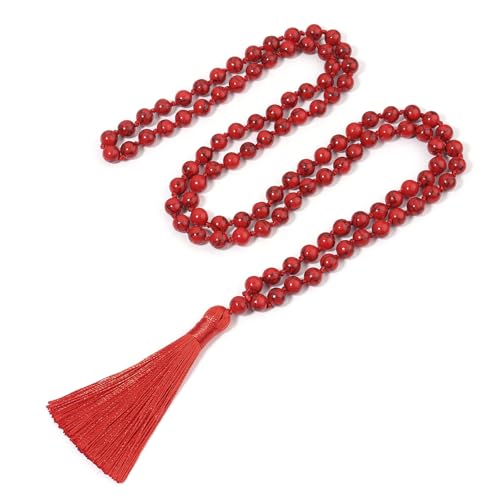 8MM Beads Chakra Long Mala Necklace Natural Stone Meditation Statement Necklace Japa Yoga Buddhist Rosary Prayer Charm Beaded Tassel Necklace - color: Red Turquoise