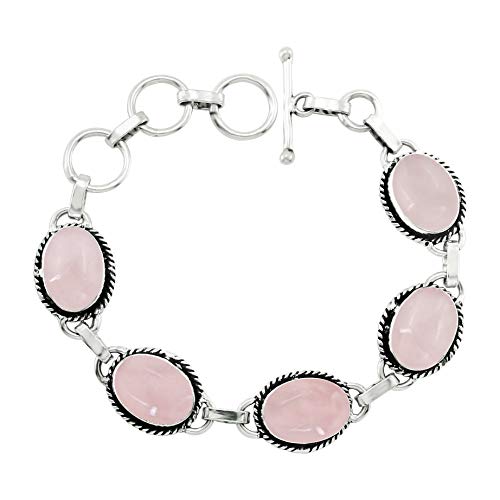 Oval Shape Natural & Synthetic Gemstones 925 Silver Plated Handmade Link Bracelets for Women - Birthstone Vintage Style Bohemian Adjustable Bracelet - Gifts for Wedding Anniversary Christmas - color: Rose Quartz