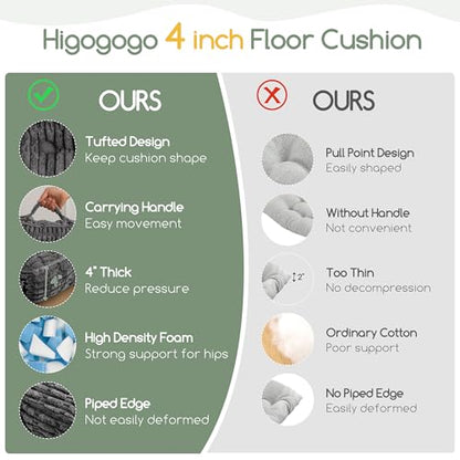 HIGOGOGO Floor Pillow Cushion for Adults, Meditation Cushion Pillow, Blended Corduroy Cover, Large Square Floor Sitting for Tatami Living Room or Yoga, 22x22 Inch, Dark Grey
