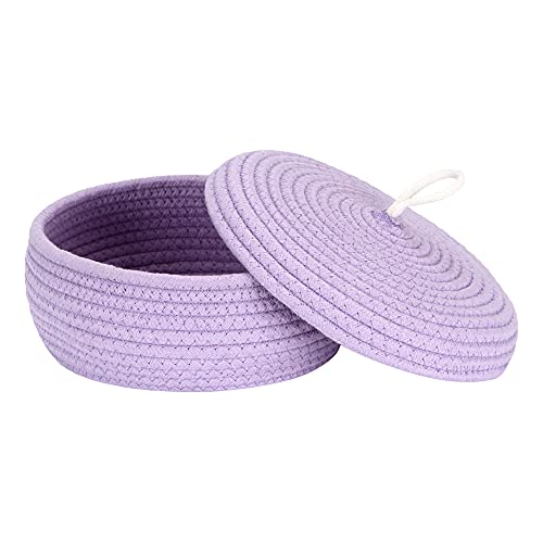 Sea Team Round Cotton Rope Storage Basket with Lid, Decorative Woven Storage Bin, Pot, Caddy, Organizer, Container for Snacks, Towels, Plants, 10 x 4.5 Inches (Small, Shallow, Lavender) - color: Lavender, size: Small/Shallow