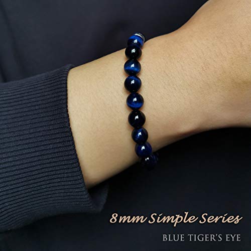Morchic 8mm Genuine Gemstone Stretch Bracelet for Women Men Unisex, Natural Energy Crystal Stone Beads, Classic Simple Design Cuff Birthday Gift 7.5 Inch - color: Blue Tiger Eye