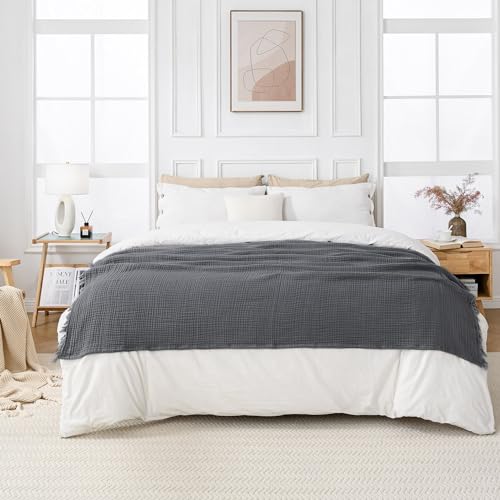 Esterra Muslin Throw Blanket 50x65 Inches Cozy Soft Lightweight Pre-Washed Cotton Blanket, All Season Breathable 4-Layer Gauze Blanket Throw for Sofa Couch Bed, Dark Gray - color: 11 - Dark Gray, size: Throw (50"x65")