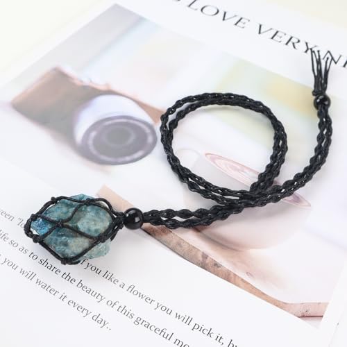 Natural unprocessed crystal raw stone hand woven rope adjustable necklace pendant for both men and women - color: A-Blue apatite
