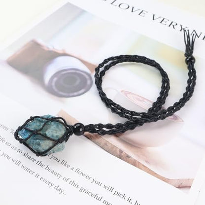 Natural unprocessed crystal raw stone hand woven rope adjustable necklace pendant for both men and women - color: A-Blue apatite