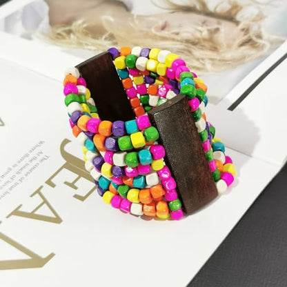Stretch Wooden Beads Cuff Bracelets Multi Layered Natural Wood Beads Chunky Bangle Wooden Handmade Wide Bracelets Bohemia Jewelry for Women Men - color: D