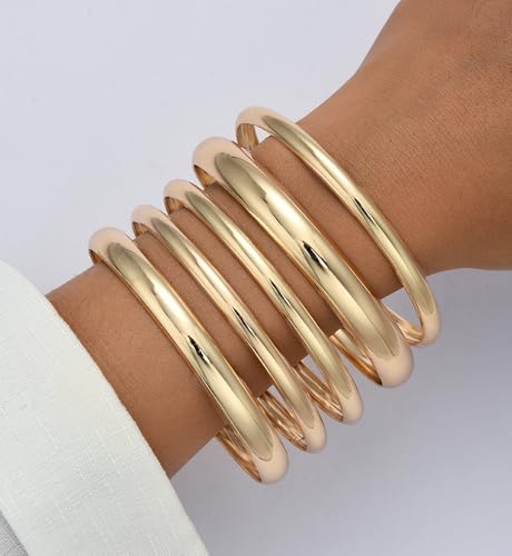 Chunky Gold Bangle Bracelets for Women, Dainty 14k Gold Plated Big Stackable Bangles Set, Trendy Statement Cuff Bracelet Stack Fashion Jewelry Gifts - style: 5 Gold african bangles