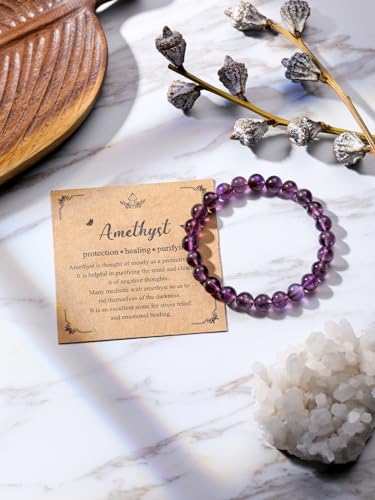 Jovivi Crystal Bracelets for Women Men - 8mm Handmade Natural Semi Precious Gemstone Beaded Bracelets, Round Stone Beads Stretch Bracelet, Healing Yoga Bracelets Jewelry Gifts - color: Amethyst Crystal
