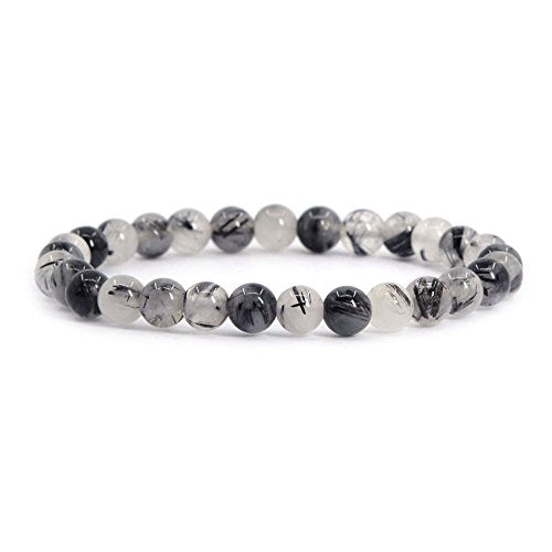 Justinstones Gem Semi Precious Gemstone 6mm Round Beads Stretch Bracelet 6.5 Inch - color: Black Rutilated Quartz