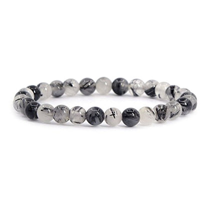 Justinstones Gem Semi Precious Gemstone 6mm Round Beads Stretch Bracelet 6.5 Inch - color: Black Rutilated Quartz