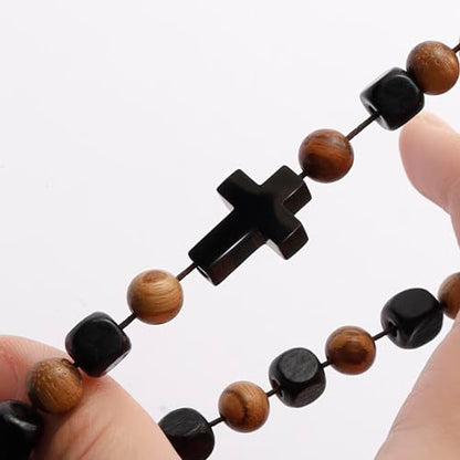 MILAKOO Wooden Bracelet with Black Stainless Steel Cross Charms Bead Christian Gifts for Women Men - color: C4