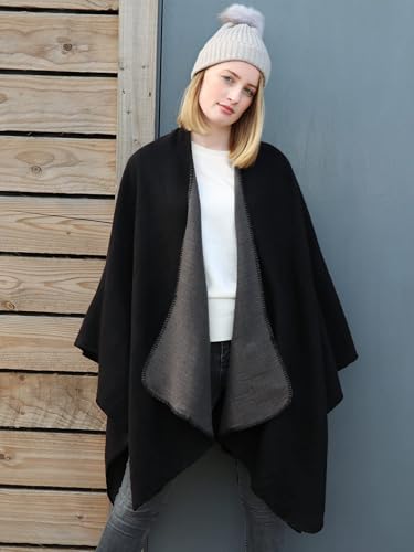 MissShorthair Women's Printed Shawl Wrap Fashionable Open Front Poncho Cape, Gift for Women - color: B-gray Black