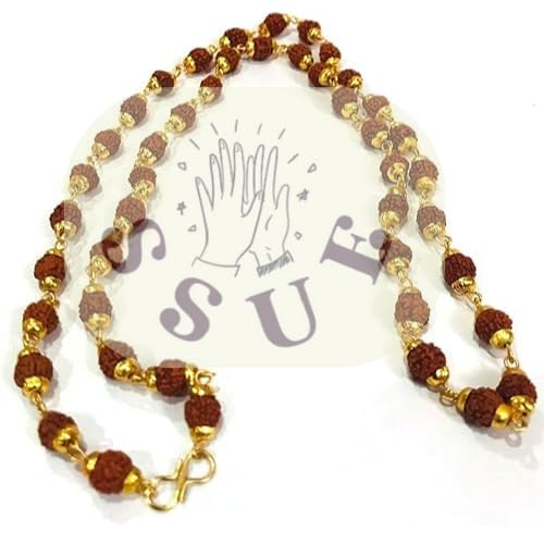 SSUE Nature 5 Mukhi Rudraksha 6mm 45 Beads Mala with Golden Cup Fancy Holy Jewellery Symbol of Spirituality Religion Reiki for Peace, Balance,Meditation Every Wear Unisex Accessory Gift