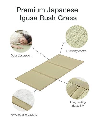 FULI Japanese Tatami Mattress, Foldable Igusa Rush Grass Tatami Rug, Natural Japanese Floor Mattress Mat Made in Japan, Full - size: Full (75"L x 55"W x 0.5"Th), style: Foldable Mat