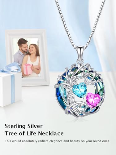 TOUPOP s925 Sterling Silver Family Celtic Tree of Life Pendant Necklaces with 2 Heart Birthstone with Blue Austrian Crystal Jewelry Birthday Valentines Day Gifts for Her, Anniversary Christmas Gifts for Wife Girlfriend Mom (18K Real White Gold Filled) - c