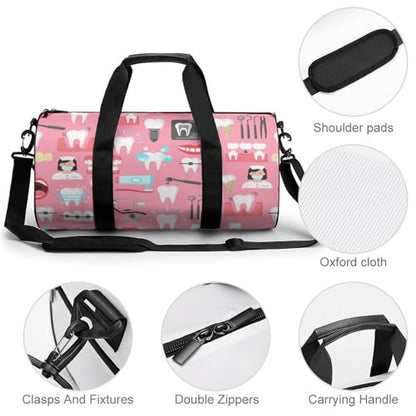 Teeth Dental Seamless Pattern Pink Cylindrical Portable Fitness Bag, Large Capacity Handbag - color: Teeth Dental Seamless Pattern Pink