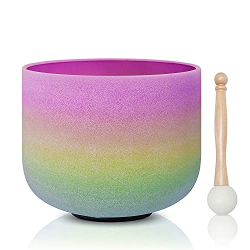 CVNC 440HZ 8 Inch Rainbow Colored B Note Crown Chakra Frosted Quartz Crystal Singing Bowl for Sound Healing and Meditation - color: B Note