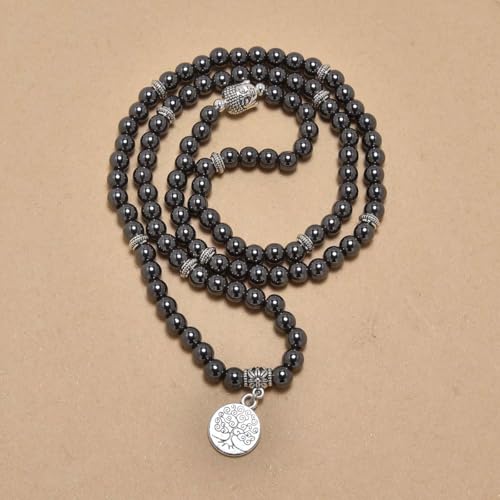 Tree of Life Charm Bracelet or Necklace - 108 Buddha Beads, Handmade Mala Meditation Jewelry, Prayer Beads for Yoga - style: Hematite