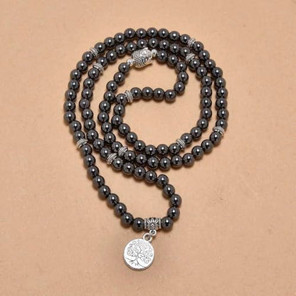 Tree of Life Charm Bracelet or Necklace - 108 Buddha Beads, Handmade Mala Meditation Jewelry, Prayer Beads for Yoga - style: Hematite