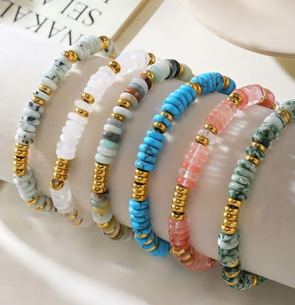 Hupplle Natural Stone Beaded Bracelets for Women 18K Gold Plated Stainless Steel Handmade Minimalist Adjustable Bracelet Trendy Jewelry Gifts for Her