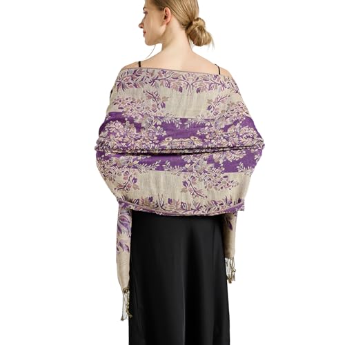Silky Paisley Pashmina Shawl Scarf-Women's Soft Double-side Jacquard Pashminas Wrap for Evening Dress Travel Shawl - color: B-purple/Beige