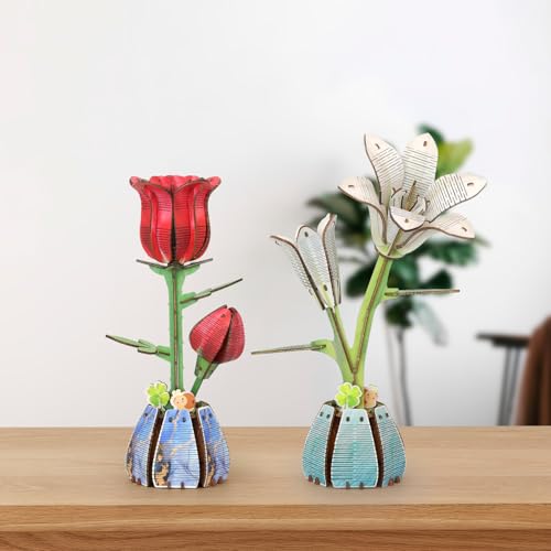 Jege 3D Flowers Wooden Puzzles for Adults,DIY Wooden 2 Flowers per Kit Building Set for Home Decor, Creative Craft Gift Toys Kits with 2 Perfume Bottles and Diffuser Sticks (Rose + Lily) - color: Rose&lily