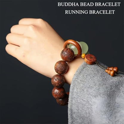 Pear Wood Buddha Beads Mala Bracelet Hand Carved Wooden Beads with Luminous Jade Lucky Charms Wealth Attracting Buddhist Prayer Bracelet for Men and Women Healing Energy Running Ring