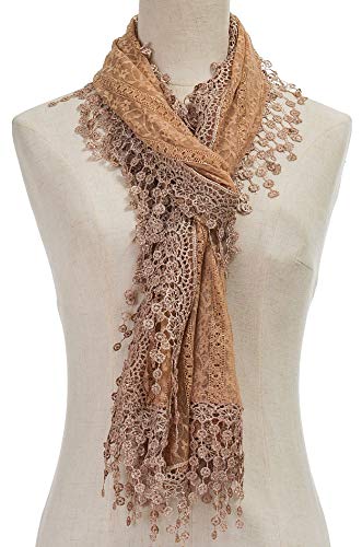 Cindy and Wendy Lightweight Soft Leaf Lace Fringes Scarf Bridal Veils shawl for Women - color: Brown Floral With Fringes