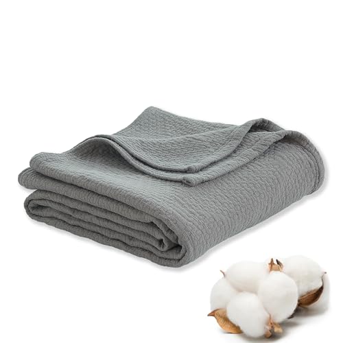 Premium 100% Cotton Blanket – All-Season Soft Breathable Bed Blanket for Queen Size – Lightweight Stylish Textured Throw for Bed– Giftable Cozy Bedding - color: Grey, size: Queen(80" x 90")