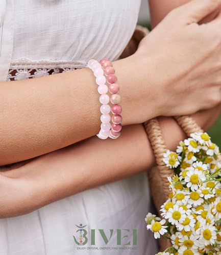 Bivei Natural Gemstone Semi Precious Healing Crystals Handmade Stretchy Round Beads Bracelet,Stocking Stuffers for Women Enhance Positive Energy - color: 8mm Rose Quartz & Rhodochrosite (Self Love), size: Medium: 6.8-7.24 inch