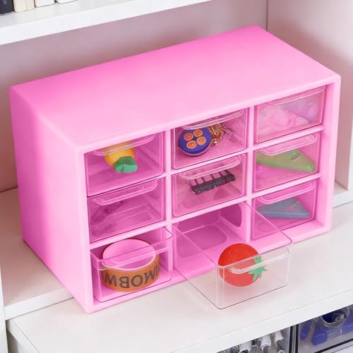 9-Grid Drawer Storage Box, Compact Jewelry Organizer Box for Desk, Multi-Function Storage with Clear Drawers for Office Home and Craft Supplies - color: rose red color