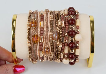 SPUNKYsoul Beaded Stretch Bracelet Set – Multi-Piece Stackable Fashion Bracelet Collection, Elastic Fit, Minimalist Boho Jewelry for Everyday Wear - style: Brown & Gold