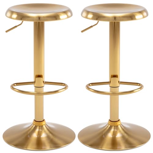 Adjustable Bar Stools Set of 2, Swivel Round Metal Airlift Barstools, Backless Counter Height Bar Chairs for Kitchen Dining Room Pub Cafe (Gold) - color: Gold, size: 2 pcs