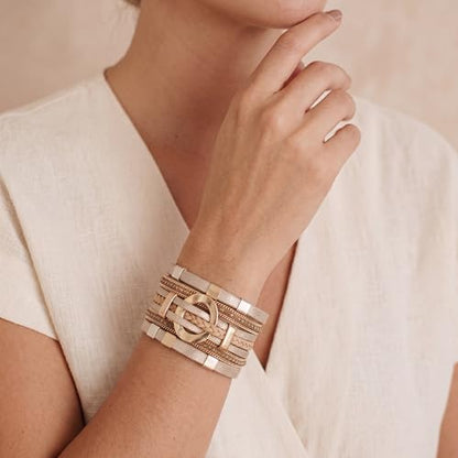 Edoneery Leather Wrap Bracelet for Women, Boho Handmade Multi-Layer Cuff with Crystal Beads Heart, Stackable Bangle Western Jewelry Gift - style: Circle Rhinestone(Gold)