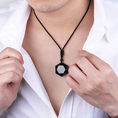 Necklace Pendant & Lava Rock Bracelet, for Women/Men (Set) - color: Black-hexagon