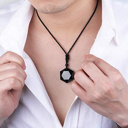 Necklace Pendant & Lava Rock Bracelet, for Women/Men (Set) - color: Black-hexagon