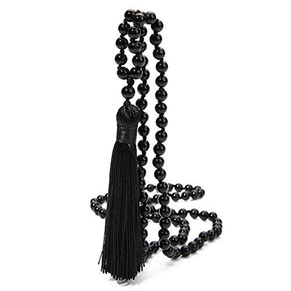 6MM Mala Beads Necklace Natural Amazonite Stone Meditation Statement Necklace Japa Yoga Rosary Prayer Charm Beaded Tassel Necklace - style: Natural Black Agate