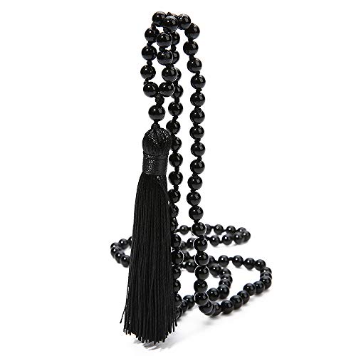 8MM Beads Chakra Long Mala Necklace Natural Stone Meditation Statement Necklace Japa Yoga Buddhist Rosary Prayer Charm Beaded Tassel Necklace - color: Black Agate