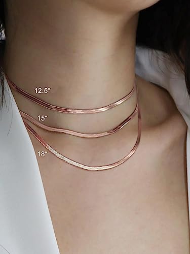 FOCALOOK 14K Gold Plated Necklaces for Women, Fashion Herringbone Choker Necklace Stainless Steel Flat Snake Chain 3/5MM(W) 12.5"/15"/18"+3.5"(L) - color: 3MM-Rose Gold-18"